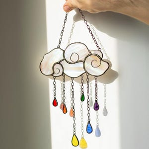 Suncatcher Stained Glass Cloud Sun catcher with Colorful Raindrop Charms Handmade home decor Handmade gift Iridescent Glass art Stain glass